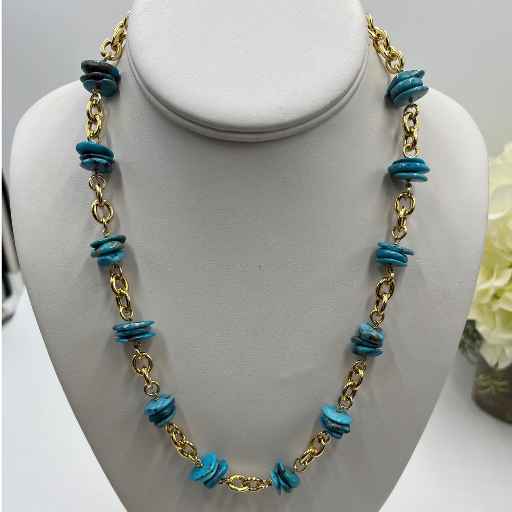 LR Lisa Robertson Bronze Italy QVC 
Turquoise Disc Gold Chain
Statement Necklace